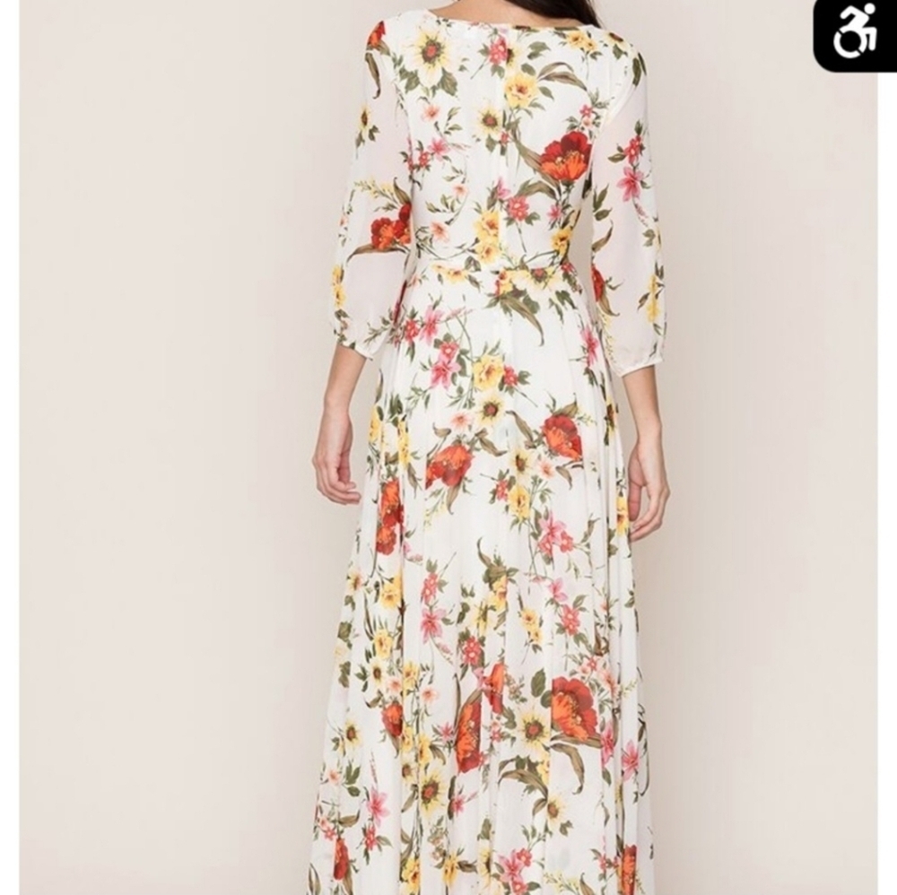 Yumi Kim Champagne & Strawberry Floral Blouson Sleeve Maxi Dress Size Medium - Picture 12 of 15